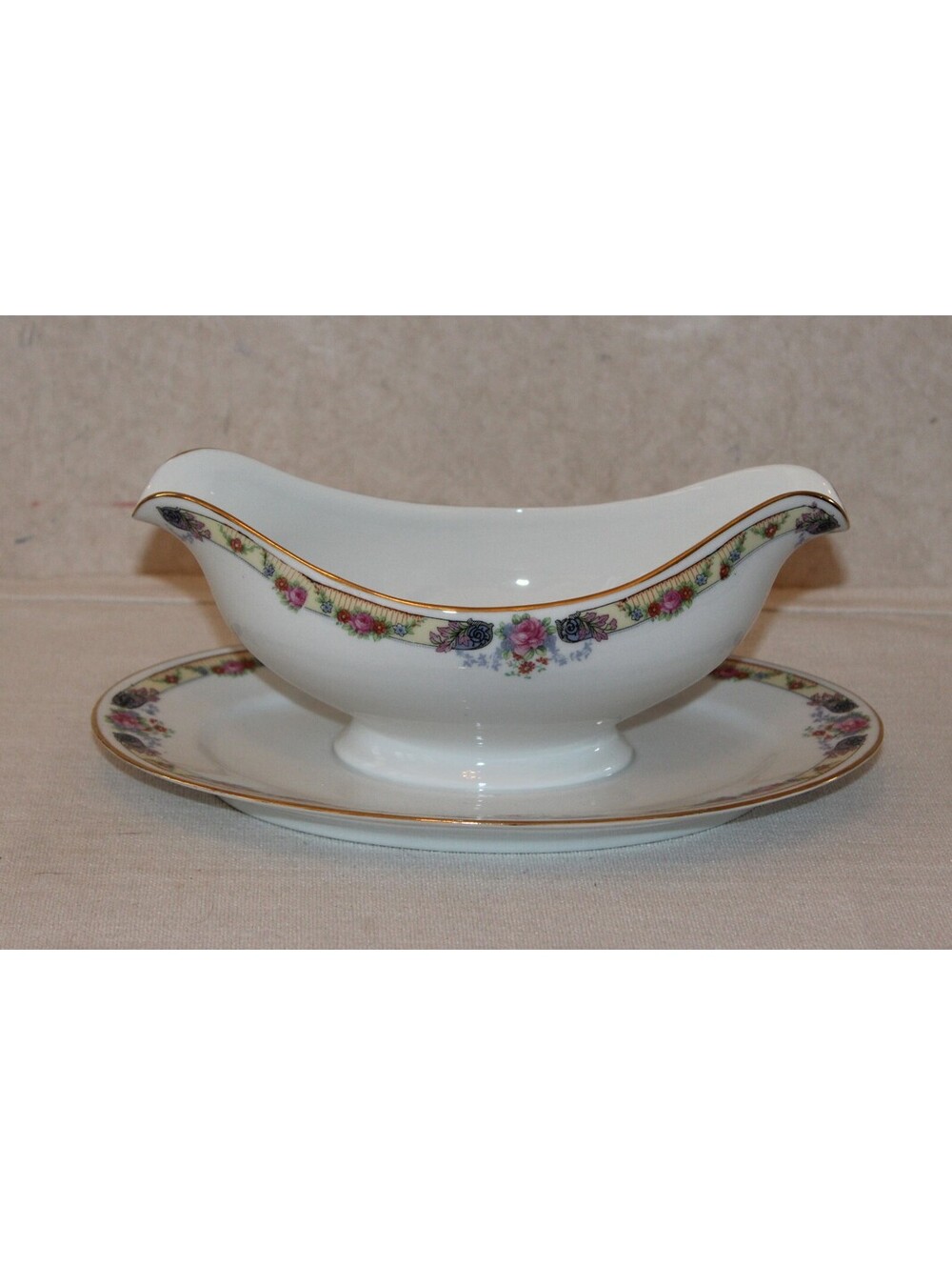 Vintage Hermann Ohme OHM16 Germany Floral Gravy Boat Attached Underplate
